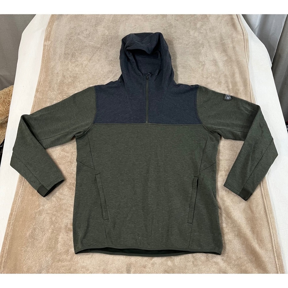 KUHL Freethinkr Anorak Hoodie Men's Large Green Gray 1/4 Zip Pullover L/S EUC